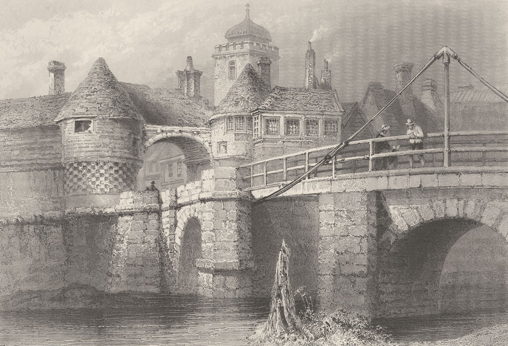 Sandwich, Kent, ancient gate and drawbridge. BARTLETT 1842 old antique print